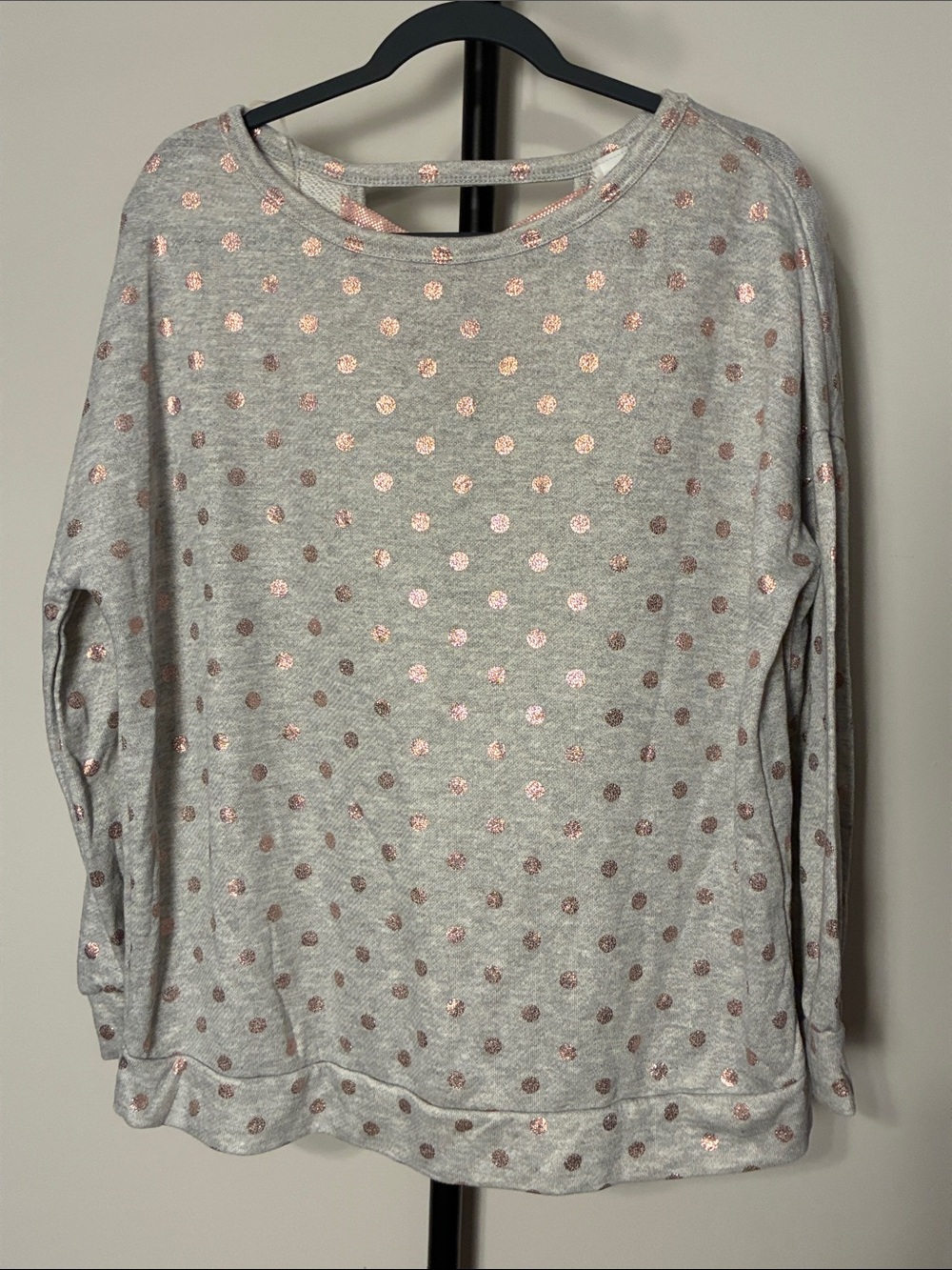 New! Honeyme Gray Sweatshirt Pink Rose Gold Metallic Polka Dot Lightweight Large